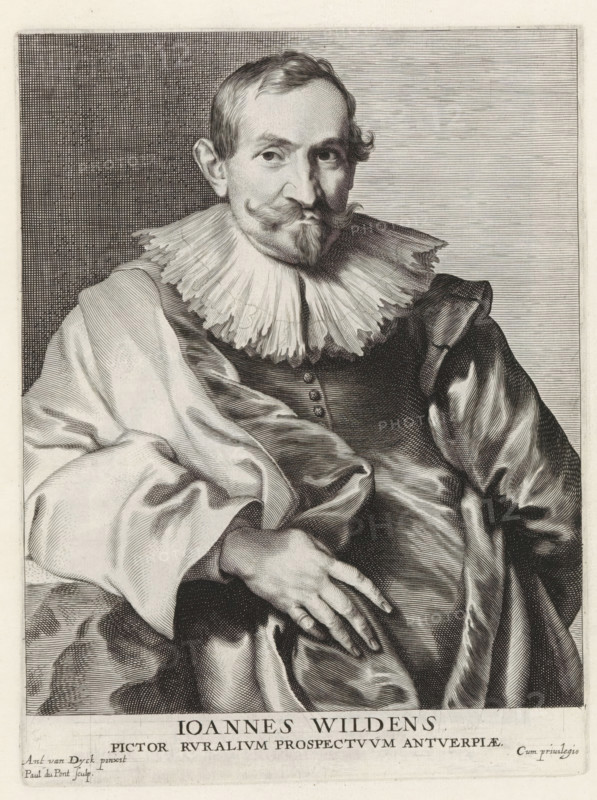 Portrait of the painter Jan Wildens, Icones Principum Vivorum Doctorum Pictorum Chalcographorum Statuariorum nec non Amatorum Pictoriae Artis Numero Centum ab Antonio van Dyck Pictore ad Vivum Expressae Eiusq: Sumptibus aeri incisae, Iconography, print, album page, This print is part of an album., printmaker: Paulus Pontius, after painting by Anthony van Dyck, publisher: Gilles Hendricx, Antwerp, 1630 - 1641, 1645 - 1646, unknown, provider of privilege, paper, engraving, height 236 mm x width 178 mm, Person, Jan Wildens, portrait, Self-portrait of a painter, A seated man in a detailed black and white engraving wears a large pleated ruff collar and a buttoned doublet beneath draped robes with visible folds and sheen; his face shows a neatly groomed mustache and pointed beard, with short hair and a slight curl by one ear, and he gazes forward with a calm expression; one hand rests on his lap with long fingers visible while the other is tucked under the drapery, and the background feature...