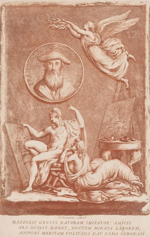 Allegory of the artist Francesco Mazzoli, known as Parmigianino, print, Trompe-l'oeil of a sculpted relief with an allegory of the artist Francesco Mazzoli, known as Parmigianino. Portrait of the artist crowned by Flying Fame. Below, the genius of painting in front of a painting with Nature as a multi-breasted goddess and a female admirer. Verse in Latin in the lower margin., printmaker: Francesco Rosaspina, Italy, after design by Francesco Rosaspina (attributed to), c. 1780 - c. 1841, Francesco Rosaspina, printmaker, after design by, Attributed to, paper, etching, aquatint, etching and aquatint in red-brown, height 327 mm x width 222 mm, Person, Parmigianino, 'Pictura', symbolic representations, allegories and emblems, painting, 'Pittura' (Ripa), tools, implements of painter, 'Natura' (allegorical figure or scene, or as Diana of Ephesus, with many breasts), 'Natura' (Ripa), A sepia-toned engraving showing a winged female figure suspended in the upper right, reaching outward with both ...