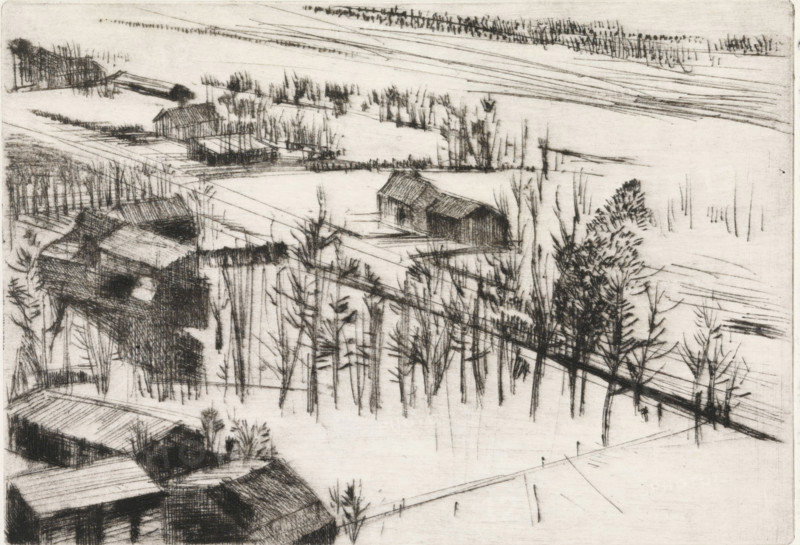 Village in bird's-eye view, print, Village in bird's-eye view., signature: 'KEES STOOP', printmaker: Kees Stoop (signed by artist), 1944 - c. 1990, paper, drypoint, height 140 mm x width 224 mm, height 120 mm x width 173 mm, prospect of village, silhouette of village, A monochrome sketch of a landscape seen from above, showing clusters of simple buildings with pitched roofs, linear fences and paths, and groups of slender, bare trees with visible trunks and branches; a road or rail line crosses diagonally, intersecting fields and open areas, while some darker, textured shading suggests denser vegetation or shadowed structures and lighter, fine lines indicate distant fields and horizon.