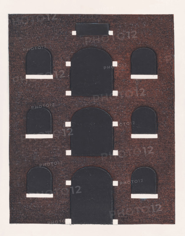 La façade, print, Facade of a house with black windows with a round top and some white frames., signature: 'Nono Reinhold', inscription: 'epr. d'essai', printmaker: Nono Reinhold (signed by artist), c. 1973 - in or before 1974-05, Nono Reinhold, printmaker, materials by function, paper, ink, color lithography, intaglio printing, lithography and intaglio printing in color, height 316 mm x width 251 mm, height 642 mm x width 494 mm, A rectangular brown surface with a textured appearance fills the frame, featuring a vertical arrangement of dark arched shapes set into the brown background; each dark arch has a lighter horizontal ledge beneath it and small light rectangular tabs at its sides, and a narrow dark rectangle appears near the top edge of the brown area.