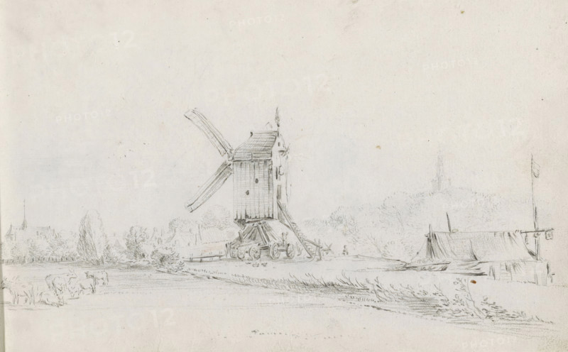 Landscape with windmill, sketchbook page, In the foreground a meadow with grazing cattle and in the background a church tower. Page 12 recto from a sketchbook with 39 pages., draftsman (artist): Pieter Moninckx, 1645 - 1646, draftsman (artist), inorganic material, paper, chalk, black chalk, height 201 mm x width 315 mm, windmill in landscape, cattle, A delicate pencil drawing shows a landscape dominated by a traditional post mill with visible sails and a raised wooden body set on a trestle with wheels, nearby a small figure stands and a ramp leads up to the mill. To the left of the mill there are trees and distant buildings with a steeple peeking above the foliage, and cattle graze in a field in the foreground. To the right a simple riverside structure with a pitched roof and a tall flagpole appears beside calm water with a small boat moored at the bank, and low reeds line the shoreline. The overall scene is rendered with fine, light lines and subtle shading on pale paper.