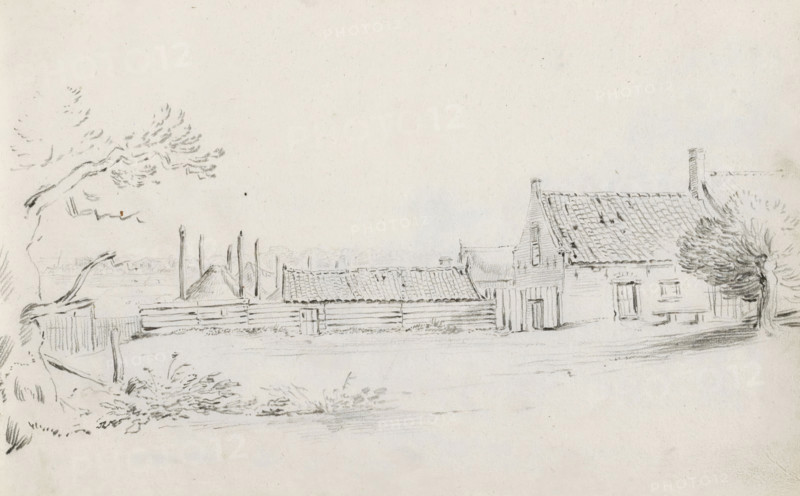 Farm with barns and a haystack, sketchbook page, Page 17 recto from a sketchbook with 39 pages., draftsman (artist): Pieter Moninckx, 1645 - 1646, draftsman (artist), inorganic material, paper, chalk, black chalk, height 201 mm x width 315 mm, farm or solitary house in landscape, barn, hay-stack, A pencil sketch showing a rural scene with a row of simple buildings with tiled roofs and chimneys, a fence running along the front, and a gate in the fence; to the left a leaning tree with sparse leaves and branches extends inward, and to the right a fuller tree stands beside the nearest house; foreground details include low grasses and scattered vegetation, while the background is largely open sky and faint distant outlines.