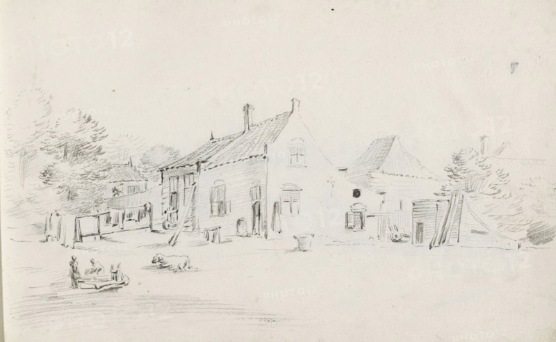 Farmyard with laundry, an animal and figures, sketchbook page, Page 21 recto from a sketchbook with 39 pages., draftsman (artist): Pieter Moninckx, 1645 - 1646, draftsman (artist), inorganic material, paper, chalk, black chalk, height 201 mm x width 315 mm, Compare page 27 in this sketchbook on which the same farm is depicted from a different perspective., farmers, hanging the wash to dry, farm or solitary house in landscape, A pencil sketch of a row of modest buildings with pitched roofs and chimneys, some with visible windows and doors, flanked by loosely drawn trees and foliage; in front of the buildings are simple outdoor objects like poles, a fence, and a wheel, and a few indistinct figures are grouped around a low circular structure while an animal lies on the ground nearby.