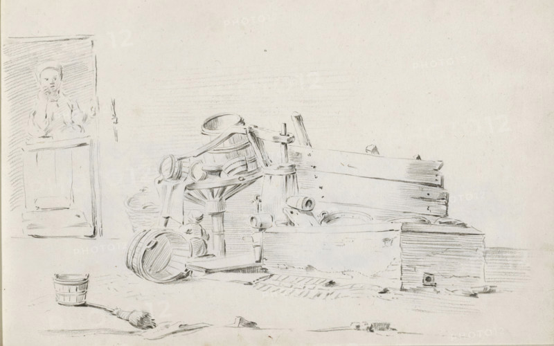 Courtyard with household goods and farmer's wife in a doorway, sketchbook page, Courtyard with a pile of household goods including various wooden barrels, wash tubs, and a broom next to and in a large bin. The undercarriage of a cart lies between the objects and a child stands. Page 25 recto from a sketchbook with 39 pages., draftsman (artist): Pieter Moninckx, 1645 - 1646, Pieter Moninckx, draftsman (artist), inorganic material, paper, chalk, black chalk, height 201 mm x width 315 mm, farmers - AA - female farmer, farmer's wife, furniture and household effects, (farm) wagon, freight wagon, cart, child (at home), A pencil sketch of a cluttered interior scene showing wooden barrels and tubs arranged near a low wooden wall, with a turned wooden stool or wheel-like structure among them and various rounded containers stacked or leaning, a small bucket positioned on the floor in the foreground beside a brush with a tapered handle, and to the left a window opening with a loosely drawn figure...