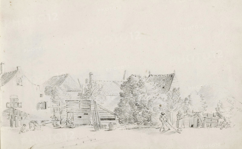 Farmyard with farmer sharpening a scythe, sketchbook page, Page 27 recto from a sketchbook with 39 pages., draftsman (artist): Pieter Moninckx, 1645 - 1646, draftsman (artist), inorganic material, paper, chalk, black chalk, height 201 mm x width 315 mm, Compare page 21 on which the same farm is depicted from a different perspective., farmers, farm (building), agricultural implements: scythe, A pencil sketch showing a rural scene with several tiled-roof houses partly obscured by trees and bushes, a wooden fence and gate, and a wooden structure with planks and a cartwheel visible; in the foreground two small children kneel near a low cart while a man stands holding a long pole and a woman stands nearby with a child in her arms; additional trees and shrubbery fill the middle ground and rooftops and chimneys rise behind them.