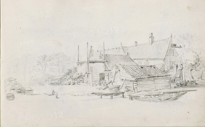 Farm and yard by a waterside, sketchbook page, Landscape with a farm and yard on which agricultural implements stand, such as a cart and wheelbarrow. In the foreground, a landing stage. Page 33 recto from a sketchbook with 39 pages., draftsman (artist): Pieter Moninckx, 1645 - 1646, draftsman (artist), inorganic material, paper, chalk, black chalk, height 201 mm x width 315 mm, farm or solitary house in landscape, water course, A pencil sketch of a rural scene showing several wooden buildings with tiled and thatched roofs, a tall central structure with scaffolding and a ladder leaning against it, and smaller sheds and outbuildings clustered nearby; wooden carts and barrels are positioned around the buildings, and a boat rests on the ground in the foreground; trees and faint foliage appear in the background, with light shading suggesting sky and ground.