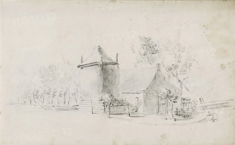 Farm with haystack, sketchbook page, Page 38 recto from a sketchbook with 39 pages., draftsman (artist): Pieter Moninckx, 1645 - 1646, draftsman (artist), inorganic material, paper, chalk, black chalk, height 201 mm x width 315 mm, farm or solitary house in landscape, hay-stack, A pencil sketch on aged paper showing a rural scene with a tall cylindrical structure topped by a conical roof and wooden beams, an adjacent gabled building with a tiled roof and a doorway, clusters of trees with textured foliage behind and beside the buildings, a low fence and hedgerow in front, a small boat or piled wood near the right foreground, and faint indications of a windmill shape and additional landscape marks in the distant left and right areas.