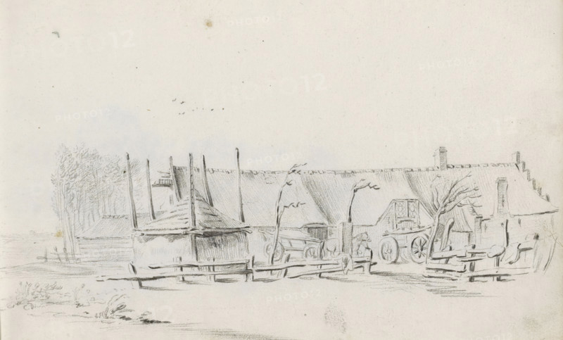 Farmyard with a haystack and two carts, sketchbook page, Page 7 recto from a sketchbook with 39 pages., draftsman (artist): Pieter Moninckx, 1645 - 1646, draftsman (artist), inorganic material, paper, chalk, black chalk, height 201 mm x width 315 mm, farm (building), hay-stack, (farm) wagon, freight wagon, cart, A pencil sketch of a rural scene showing a row of thatched roofs and chimneys behind a rough wooden fence, with slender bare trees and vertical poles rising near the buildings, a cart with large wheels partially visible beside a building, a small cluster of trees at one side, faint birds in the sky, and simple ground details in the foreground.
