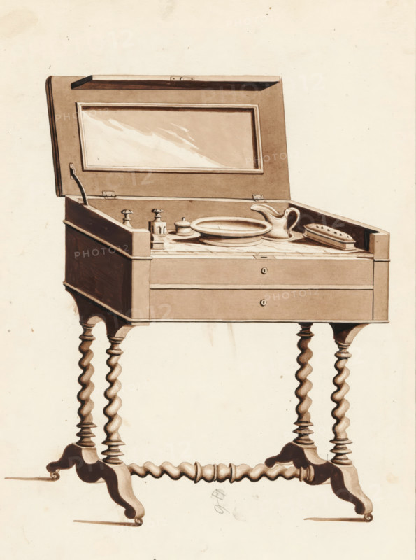 Design for a men's dressing table, drawing, album page, Men's dressing table on twisted legs with lid. On the inside, a marble top and built-in mirror. Depicted as a commode with two drawers. With lock. The page on the reverse is numbered: 10, the opposite page with information about the depicted furniture is numbered: 10 bis. Part of an album with 80 pages of drawings and a print of veneered and lacquered furniture, as well as seating., inscription: '46 Toilette d'homme pies à patin colonne torses gre porcelaine & cristeaux 2*, '' ''…'' 30*, '', la même palissandre en flan(?) sf sry', Paris (possibly), c. 1825 - c. 1839, draftsman (artist), Paris, materials by function, paper, ink, pencil, pen, brush, pen and brush in brown, written numbers in pencil, height 240 mm, width 310 mm, table, mirror, jug and basin, wash-basin, furniture for special use (wood and other phytogenic material), A wooden washstand with a raised lid revealing a mirror set into the underside, featuring a shallow ba...
