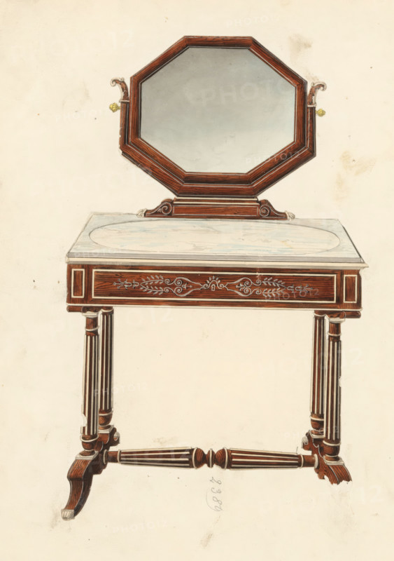 Design for a dressing table with octagonal mirror, drawing, album page, Dressing table with marble top and an 8-sided mirror in a frame and rosewood with metal(?) inlay. The page on the reverse is numbered: 14, the opposite page with information about the depicted furniture is numbered: 14 bis. Part of an album with 80 pages of drawings and a print of veneered and lacquered furniture, as well as seating., inscription: '2389 Toilette duchesse palissandre pied carreé sf patin', Paris (possibly), c. 1825 - c. 1839, draftsman (artist), paint (coating), materials by function, paper, ink, watercolor (paint), pencil, pen, brush, gray pen with colored brush, numbers written in pencil, cut out and pasted onto the album page, height 240 mm, width 310 mm, table, mirror, furniture for special use (wood and other phytogenic material), A drawing of a wooden dressing table with an octagonal framed mirror mounted on a carved rectangular base, the mirror frame showing wood grain and metal side fixtures...