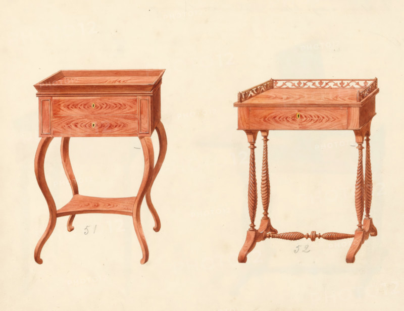 Design for a chest of drawers and a knitting table, drawing, album page, Designs for a chest of drawers (chiffonnier) and a design for a knitting table. The reverse page numbered: 26, the opposite page with information about the depicted furniture numbered: 26 bis. Part of an album with 80 pages of drawings and a print of veneered and lacquered furniture, as well as seating., inscription: '51 Chiffonier à Auge en acajou, 52 Tricoteuse à galleries pies torsade à patin', Paris (possibly), c. 1825 - c. 1839, draftsman (artist), paint (coating), materials by function, paper, ink, watercolor (paint), pencil, pen, brush, pen in gray with brush in colors, numbers written in pencil, height 240 mm, width 310 mm, (other forms of) needlework, eg: crocheting, knitting, embroidering, table (wood and other phytogenic material), cupboard (wood and other phytogenic material material), Two wooden tables are depicted on a pale background, each rendered in warm reddish-brown tones with visible wood grain...