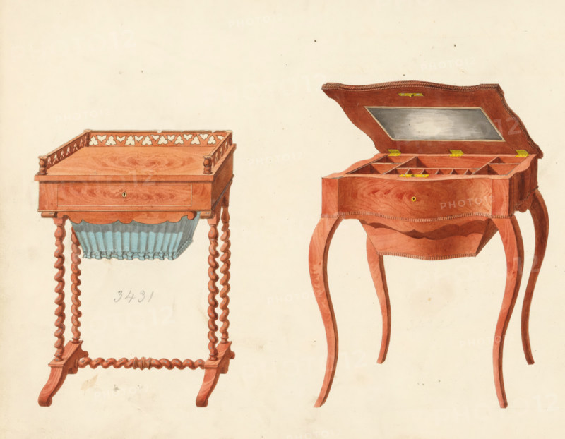 Two designs for dressing tables, drawing, album page, one with an openwork mahogany base and on twisted legs. The other model is in Louis XV style with a mirror in the top. The back of the page is numbered: 29, the opposite page with information about the depicted furniture is numbered: 29 bis. Part of an album with 80 pages of drawings and a print of veneered and lacquered furniture, as well as seating., inscription: '3431 Toilette à galleries aux sac pies tors à patin, 396 Toilette Louis 14 aux caisson seretitant(?), ''…'' sans caisson', Paris (possibly), c. 1825 - c. 1839, draftsman (artist), paint (coating), materials by function, paper, ink, watercolor (paint), pencil, pen, brush, gray pen with colored brush, numbers written in pencil, partially cut out and pasted onto the album page, height 240 mm, width 310 mm, mirror, table (wood and other phytogenic material), Two wooden side tables are shown on a light background. The left table has a rectangular top with a low decorative gal...