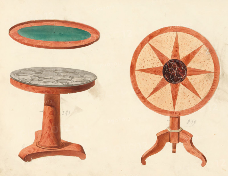 Design for a gueridon and a table, drawing, album page, Two designs, one for a gueridon with a folding top and star motif, the other for a table with a marble top or mahogany with felt. The marble from St. Anna in Belgium. The page on the reverse is numbered: 47, the opposite page with information about the depicted furniture is numbered: 47 bis. Part of an album with 80 pages of drawings and a print of veneered and lacquered furniture, as well as seating., inscription: '389 Gueridon à etoile 24 27 30 p*, 391 Table à Trompe en acajou 24 27 30 33 36 p*, Marbre minces st. anne belg', Paris (possibly), c. 1825 - c. 1839, draftsman (artist), paint (coating), materials by function, paper, ink, watercolor (paint), pencil, pen, brush, pen in gray with brush in colors, numbers written in pencil, partly cut out and pasted onto the album page, height 240 mm, width 310 mm, table (wood and other phytogenic material), A cream-colored page shows watercolor illustrations of two wooden pedestal tables...