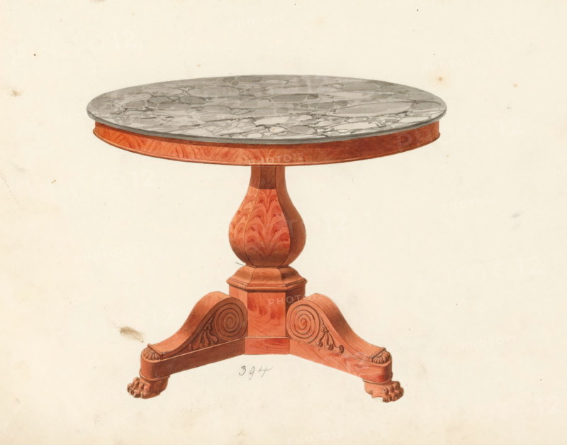 Design for a table, drawing, album page, Design for a table with a carved mahogany base and a round marble top. The reverse side of the page is numbered: 51, the opposite page with information about the depicted furniture is numbered: 51 bis. Part of an album with 80 pages of drawings and a print of veneered and lacquered furniture, as well as seating., inscription: '394 Table à Modillon en acajou 30 33 36*', Paris (possibly), c. 1825 - c. 1839, draftsman (artist), paint (coating), materials by function, paper, ink, watercolor (paint), pencil, pen, brush, gray pen with colored brush, numbers written in pencil, partially cut out and pasted onto the album page, height 240 mm, width 310 mm, table (wood and other phytogenic material), furniture to put things on (stone), A painted image of a round table with a gray marble top showing darker veining, a narrow wooden apron in warm reddish tones beneath the top, a turned central pedestal with a bulbous form featuring wood grain patterns, and a...