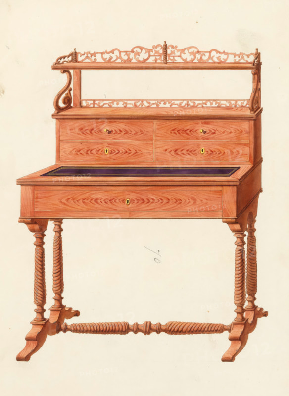 Design for a ladies' desk, drawing, album page, Design for a ladies' desk in mahogany with a drawer in the top, four drawers in the upper section and above that two shelves with decorated woodcarving in the upper section on turned legs. The back of the page numbered: 63, the opposite page with information about the depicted furniture numbered: 63 bis. Part of an album with 80 pages of drawings and a print of veneered and lacquered furniture, as well as seating., inscription: '70 Bureau de Dames en acajou à etagères 30, ''…'' aux guillochure 30 p.', Paris (possibly), c. 1825 - c. 1839, draftsman (artist), paint (coating), materials by function, paper, ink, watercolor (paint), pencil, pen, brush, pen in gray with brush in colors, written numbers in pencil, height 240 mm, width 310 mm, writing-table, writing-desk, A tall wooden piece of furniture with a reddish finish standing on twisted carved legs connected by a twisted stretcher, featuring a rectangular top section with an open shelf f...