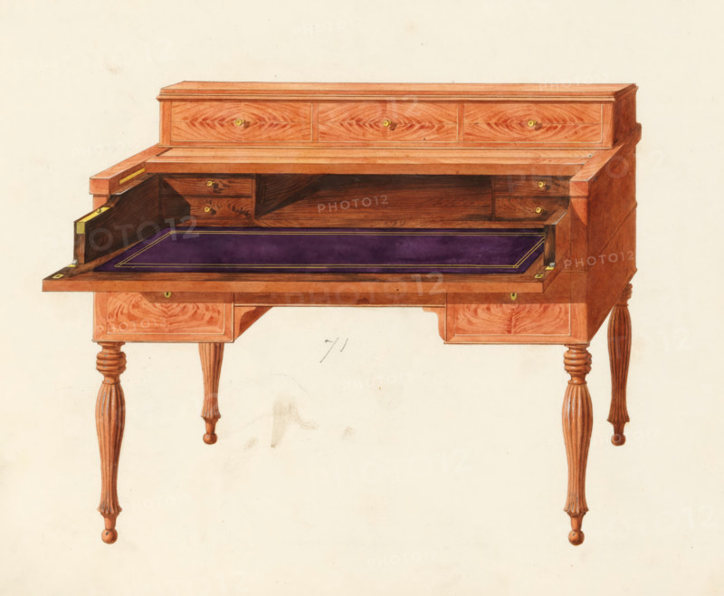 Design for a 'piano desk', drawing, album page, Design for a so-called 'piano desk' with a flap and three drawers in the arrangement. The page on the back is numbered: 65, the opposite page with information about the depicted furniture is numbered: 65 bis. Part of an album with 80 pages of drawings and a print of veneered and lacquered furniture, as well as seating., inscription: '71 Bureau piano 3½ 4 4½, Bureau à cylendre 4 4½ 5', Paris (possibly), c. 1825 - c. 1839, draftsman (artist), paint (coating), materials by function, paper, ink, watercolor (paint), pencil, pen, brush, pen in gray with brush in colors, written numbers in pencil, height 240 mm, width 310 mm, writing-table, writing-desk, A wooden writing desk with a raised back section and carved turned legs is shown from the front, the wood rendered in warm reddish-brown tones with visible grain patterns and small round brass knobs on drawer faces, a central pull-out writing surface covered in deep purple material with a narrow...