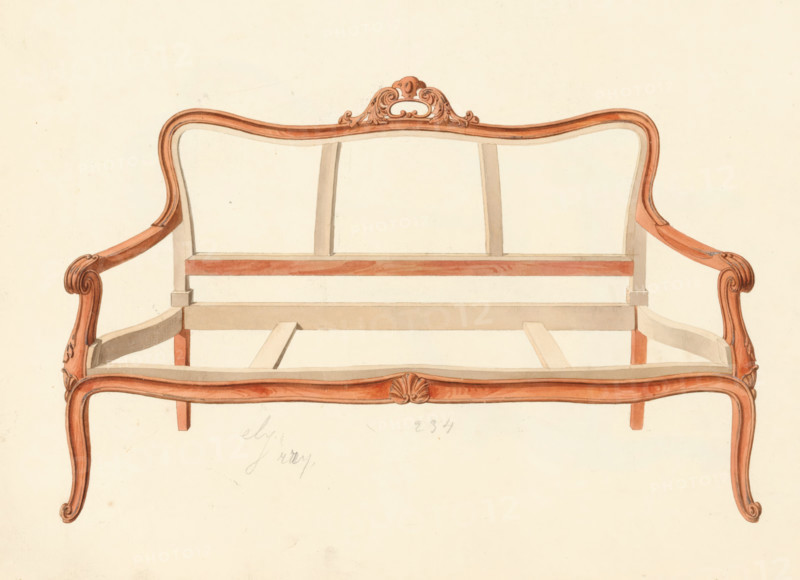 Design for a Louis XV-style sofa, drawing, album page, Design for a sofa decorated with wood carving, without seat and back upholstery. Louis XV style. The reverse page numbered: 70, the opposite page with information (missing here) about the depicted furniture numbered: 70 bis. Part of an album with 80 pages of drawings and a print of veneered and lacquered furniture, as well as seating., Paris (possibly), c. 1825 - c. 1839, draftsman (artist), paint (coating), materials by function, paper, ink, watercolor (paint), pencil, pen, brush, pen in gray with brush in colors, numbers written in pencil, height 240 mm, width 310 mm, couch, sofa, settee (wood and other phytogenic material), A partial drawing of a wooden sofa frame shown from the front with a curved top rail and carved crest in the center, three vertical back supports, scrolled armrests with carved detailing, a molded front apron with a central shell motif, cabriole legs with scroll feet, visible internal stretcher rails and seat...