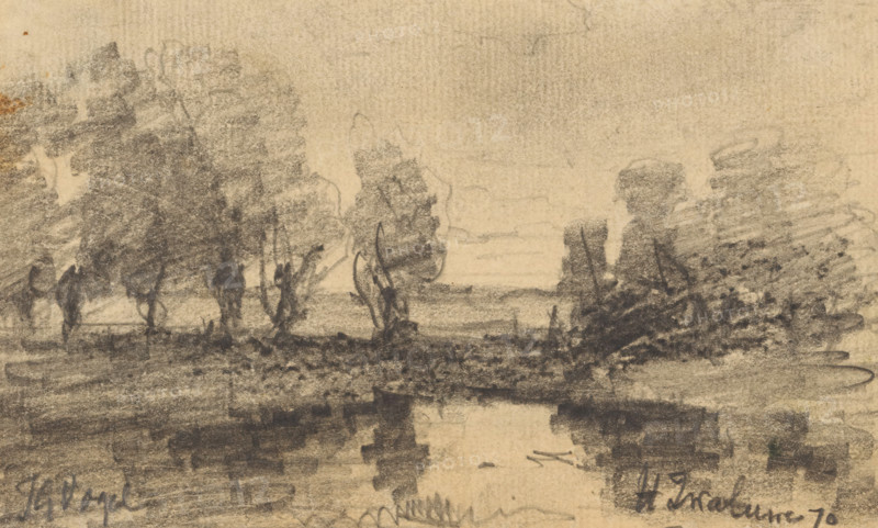 Trees along a waterfront at Hooge Zwaluwe, drawing, date and inscription: 'H Zwaluwe 70', draftsman (artist): Johannes Gijsbert Vogel (signed by artist), 1870, draftsman (artist), paper, pencil, height 84 mm x width 137 mm, trees, landscapes with waters, waterscapes, seascapes (in the temperate zone), Hooge Zwaluwe, A horizontal sketch in muted sepia tones showing a landscape with a line of trees and foliage along a distant bank, darker charcoal strokes indicating clustered tree canopies and trunks, and a lighter expanse above suggesting sky; a reflective water surface runs near the bottom with smudged, horizontal shading and indistinct reflections of the trees, while the foreground contains dense, textured marks and scribbled shading.