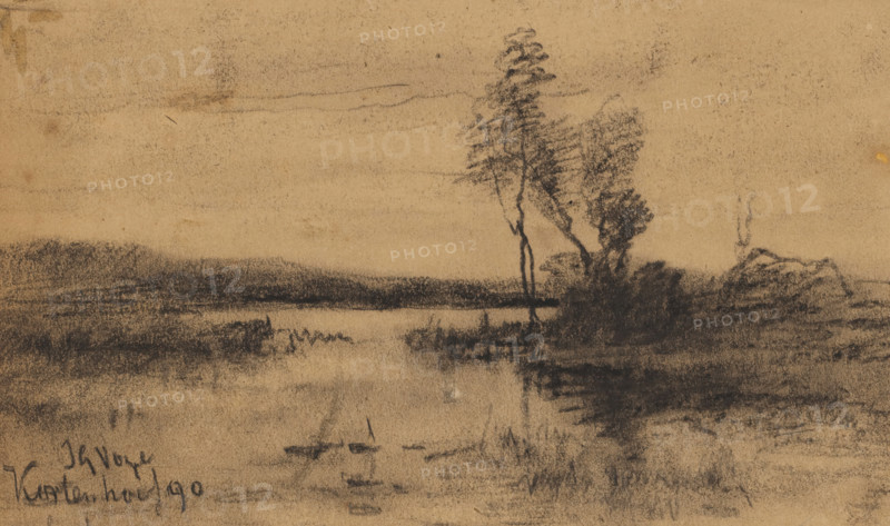 Landscape with water at Kortenhoef, drawing, date and inscription: 'Kortenhoef 90', draftsman (artist): Johannes Gijsbert Vogel (signed by artist), 1890, draftsman (artist), inorganic material, paper, chalk, black chalk, height 107 mm x width 179 mm, landscapes with waters, waterscapes, seascapes (in the temperate zone), Kortenhoef, A sepia-toned sketch of a waterside scene showing a calm body of water in the foreground with dark, smudged reflections and small horizontal marks on the water surface. Along the right shore is a cluster of tall, slender trees with textured, leafy canopies rendered in charcoal strokes, and dense shrubbery at their bases. A distant dark shoreline runs across the middle of the composition, separating the water from a light, softly shaded sky above. The surface of the paper shows grain and smudging with uneven charcoal shading and erased marks throughout.