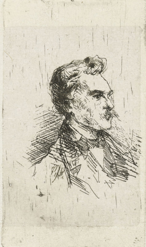 Portrait of artist Frederik Hendrik Weissenbruch, print, printmaker: Bernardus Johannes Blommers, Netherlands, 1855 - 1914, paper, chine collé, etching, drypoint, etching and drypoint on chine collé, height 69 mm x width 39 mm, Person, Frederik Hendrik Weissenbruch, portrait, self-portrait of painter, A monochrome sketch of a man's head and shoulders in profile on textured paper, showing wavy hair swept back, a defined brow, prominent nose, and a mustache, with crosshatched lines indicating shading around the cheek, neck, and clothing, and vertical and scattered short strokes across the background and paper surface.