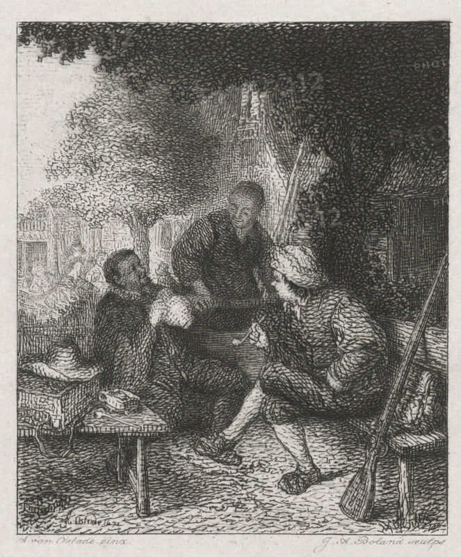 Resting travelers, print, printmaker: Johannes Arnoldus Boland, Amsterdam, after painting by Adriaen van Ostade, 1875 - 1876, paper, chine collé, etching, etching on chine collé, height 171 mm x width 144 mm, A detailed monochrome etching shows a group of seated figures under a large tree with dense foliage, one central standing figure leaning slightly forward toward the others, a seated man on the right wearing a broad-brimmed hat and a cloak holding a pipe, a small wooden table in the foreground with a hat and other small objects on it, a long musket propped against the right side near a simple stool, textured ground beneath their feet, background architectural elements suggesting buildings, and intricate crosshatching and stippling throughout the scene.