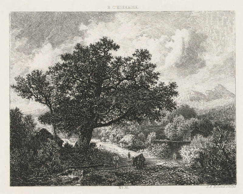 Landscape with a large tree by a brook, print, Series number, 30, printmaker: Johannes Arnoldus Boland, Amsterdam, after design by Barend Cornelis Koekkoek, c. 1860 - c. 1900, paper, chine collé, etching, etching on chine collé, height 145 mm x width 180 mm, dale, valley, A detailed monochrome etching shows a large, leafy tree with a thick trunk dominating the foreground, surrounded by dense foliage and smaller trees; a winding dirt path leads past that tree toward a cluster of rustic thatched structures set among more trees and low hills; figures are visible along the path and near a shallow body of water, with some people appearing to stand or wade and others near a small boat; distant mountains rise on the horizon beneath a sky filled with textured clouds and linear shading.