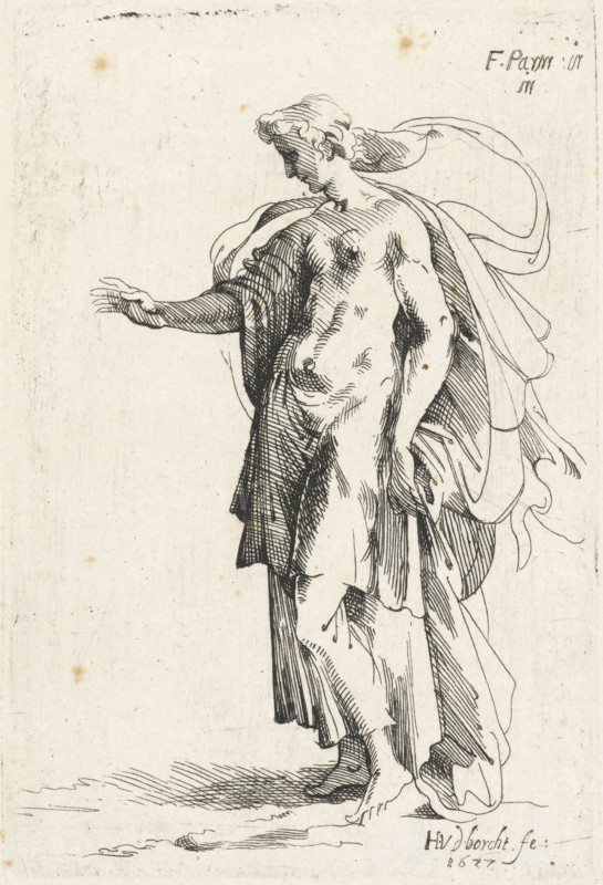 Standing woman, Libreto di diversi figurine dissignato da Fran. parmensis et conservata nella Collezione Arondelyna, 1638, print, A standing, half-naked woman facing left. She extends her right arm. Print from a series after various drawings by Parmigianino from the Arundel collection., printmaker: Hendrik van der Borcht (II), after drawing by Parmigianino, Italy, 1637, paper, etching, width 74 mm x height 112 mm, the (nude) human figure, 'Corpo humano' (Ripa) (adult female (human being)), A standing classical figure rendered in fine black lines on a pale background, shown in three-quarter profile with head turned to the side, hair styled in short waves, and a flowing drapery partially wrapped around the shoulders and body; one arm is extended outward with an open hand while the other rests by the side holding folds of fabric, the torso and limbs are detailed with cross-hatched shading and contour lines, bare feet are visible on a textured ground, and soft stains and light aging marks ...
