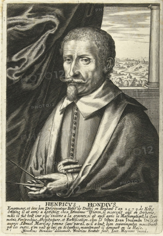 Portrait of Hendrik Hondius, Henricus Hondius, print, A rectangular self-portrait of Hendrik Hondius, a printmaker and printer from The Hague. Bust facing left. In his left hand a compass, a symbol of his interest in geometry. The print has a French caption with the name of the sitter and some background information., printmaker: Frederik Bouttats (I), Antwerp, after design by Hendrick Hondius (I), The Hague, publisher: Joannes Meyssens, 1622 - 1676, paper, engraving, gravure, height 167 mm x width 116 mm, Person, portrait, self-portrait of graphic artist, compasses, A monochrome engraved portrait of a man shown from the chest up, wearing a broad collared garment and a cloak, with a neatly trimmed mustache and pointed beard, short curly hair, and a solemn expression. He holds a pair of thin instruments in his left hand while his right hand rests near his chest. Behind him, a heavy draped curtain fills the left background and an architectural opening with a column reveals a distant land...