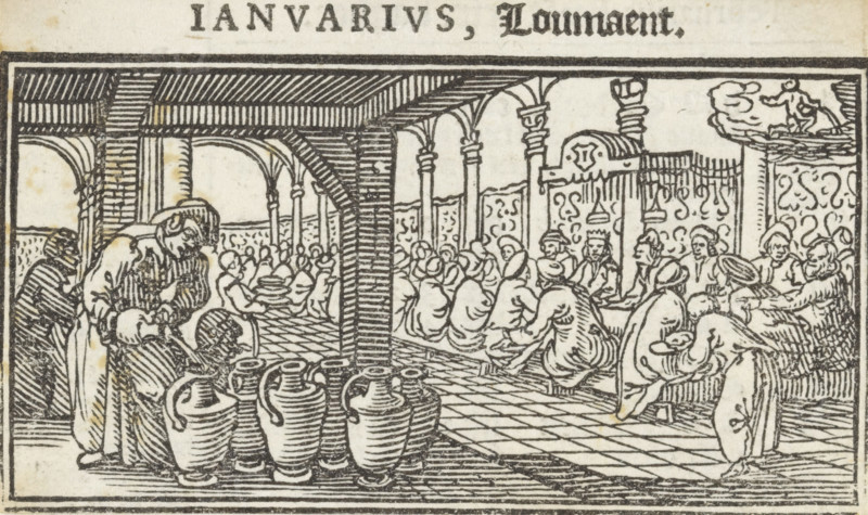 Wedding at Cana, January, Months of the year, print, book illustration, At the wedding at Cana, Christ commands six jars to be filled with water. In the background, the bridal couple is seated at the table., Netherlands, printmaker: Dirck de Bray, 1600 - 1699, paper, woodcut, letterpress printing, woodcut and text in letterpress, height 47 mm x width 79 mm, Christ orders (six) jars to be filled with water, marriage-feast at Cana, other concepts (with Aquarius (January)), A woodcut scene showing an interior with arched columns and a checkered floor, filled with many seated figures wearing flowing robes and head coverings gathered around tables and a dais where a seated figure wears a crown; in the foreground several large handled jars stand grouped together while a cloaked figure pours liquid from a vessel into another container and other attendants move nearby; decorative patterned wall panels and an elevated carved element with a reclining human figure atop it appear toward the back, ...
