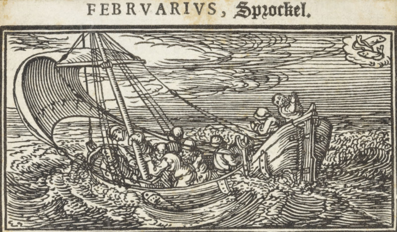 February, Storm on the Sea of Galilee, Months of the year, print, book illustration, On the Sea of Galilee, the ship with Christ and his disciples is battered by the storm and the waves., Netherlands, printmaker: Dirck de Bray, 1600 - 1699, paper, woodcut, letterpress printing, woodcut and text in letterpress, height 47 mm x width 80 mm, story of Christ stilling the storm on the Sea of Galilee (Matthew 8:23-27, Mark 4:35-41, Luke 8:22-25), other concepts (with Pisces (February)), A black and white woodcut-style scene of a small sailboat on choppy water with a large billowing sail, a mast with rigging, and several figures aboard; one figure leans near the bow while others huddle amidships, their heads and shoulders visible; waves surround the hull with swirling lines and foam, and the sky is filled with horizontal and curved linework suggesting clouds; a cloud-like formation at the right edge contains two fish-like shapes.