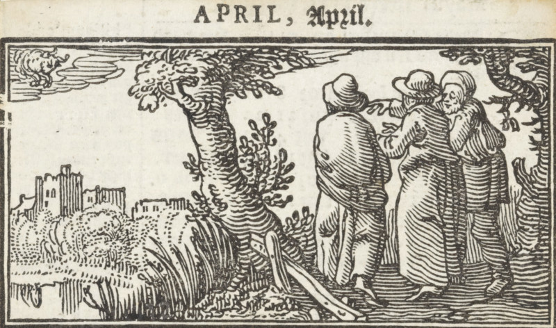 Emmaus Pilgrims, April, Months of the year, print, book illustration, Christ walks with two disciples to the village of Emmaus., Netherlands, printmaker: Dirck de Bray, 1600 - 1699, paper, woodcut, letterpress printing, woodcut and text in letterpress, height 46 mm x width 78 mm, other concepts (with Taurus (April)), Cleopas and Peter meet Christ (sometimes they are dressed as pilgrims), A black and white woodcut scene framed by a rectangular border showing three robed figures standing on the right beside a large, textured tree trunk and facing left toward a distant cluster of buildings; the figures wear brimmed hats and cloaks and have visible line-work indicating folds and contours, with one figure extending an arm; vegetation with tall grasses and bushy foliage occupies the lower left and foreground, and a cloud-like shape appears in the upper left of the sky.