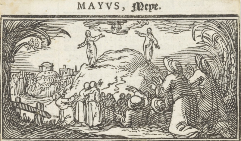 May, Ascension of Christ, Months of the year, print, book illustration, Christ ascends to heaven in the presence of his disciples. All look up to the sky where in the clouds the feet and the underside of Christ's robe are still visible., Netherlands, printmaker: Dirck de Bray, 1600 - 1699, Dirck de Bray, printmaker, paper, woodcut, letterpress printing, woodcut and text in letterpress, height 47 mm x width 81 mm, Christ almost vanished: only feet visible, Ascension, other concepts (with Gemini (May)), A woodcut scene framed by a dark border shows a rocky hill at center with two standing figures on its summit, each with outstretched arms. Below the hill a group of people faces the figures, some standing close together and some with distinctive head coverings, while a few appear to gesture or point upward. To the right, tall curved plants or reeds rise beside a seated or kneeling figure wearing layered clothing and a hat. On the left a built structure with rounded roofs sits among bushes...