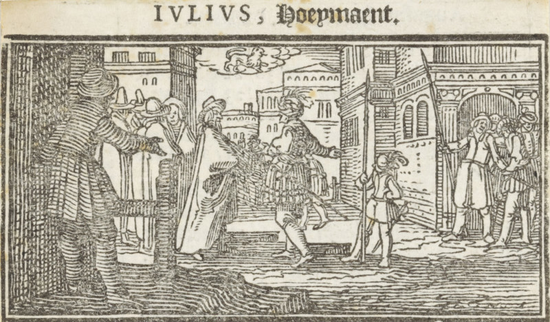 July, Months of the year, print, book illustration, A richly dressed man makes a gesture towards a group of men. Next to him stands a boy with a spear., Netherlands, printmaker: Dirck de Bray, 1600 - 1699, paper, woodcut, letterpress printing, woodcut and text in letterpress, height 47 mm x width 79 mm, other concepts (with Leo (July)), A black and white woodcut scene framed by a rectangular border shows a street or courtyard with buildings in the background and multiple figures in period clothing. On the left a figure seen from behind wears a striped garment and a hat and reaches toward a group of people standing near a doorway. In the center two figures appear to be engaging at the top of a short flight of steps, one wearing a cloak and the other wearing a feathered hat and ornate clothing. A small figure with a staff stands near a building on the right, looking toward the central pair. Farther right three figures stand near an arched entrance, two of them facing outward and one turn...