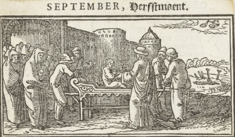 September, The Raising of the Son of the Widow of Nain, Christ Heals a Possessed Boy (former title), Months of the Year, print, book illustration, Netherlands, printmaker: Dirck de Bray, 1600 - 1699, paper, woodcut, letterpress printing, woodcut and text in letterpress, height 47 mm x width 80 mm, Christ touches the bier of the son of the widow of Nain: the young man sits up, other concepts (with Libra (September)), A black and white woodcut scene shows a group of robed figures gathered around an ornate bed with a child seated on it; several adults stand close, some leaning forward and one with hands extended toward the child. On the left a row of figures is positioned under an arched structure, their garments and hoods creating layered vertical lines. In the center background a tall wall rises with textured shading and a domed building appears beyond it. To the right three men stand together near the bed, two with hats and one bent slightly forward, and further right the landscape sho...