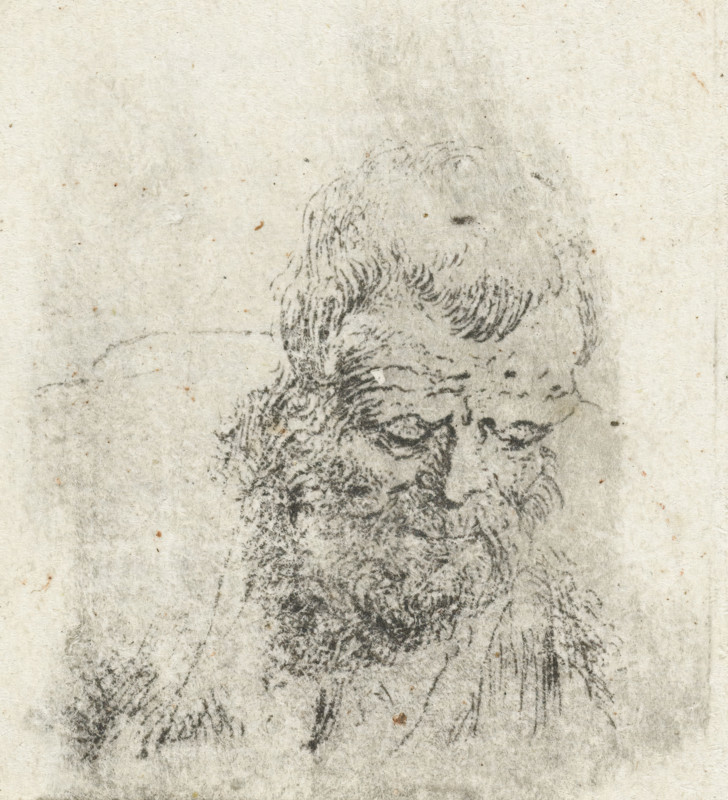Head of an old man with a beard, print, printmaker: Dirck de Bray, Netherlands, 1645 - 1694, paper, etching, intaglio printmaking technique, etching with plate tone, height 53 mm x width 43 mm, old man, A faded pencil or charcoal sketch on textured off-white paper showing a close-up of an elderly man's face and upper torso with a long beard and wavy hair, rendered with soft, sketchy lines and smudging; the man's eyes are partially visible beneath bushy brows and his facial features are suggested by darker strokes and shading, while the surrounding paper shows light stains, spots, and areas of rubbing that blur parts of the drawing.