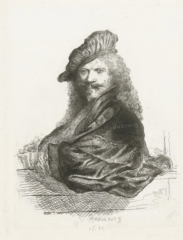 Portrait of Rembrandt Harmensz. van Rijn, print, printmaker: Jan Caramelli, Netherlands, after print by Rembrandt van Rijn, 1830 - 1881, Rembrandt van Rijn, after print by, paper, chine collé, etching, etching on chine collé, height 190 mm x width 145 mm, Person, A monochrome etching of a seated man shown from the waist up facing slightly to the viewer's left, wearing a soft hat tilted to one side and a heavy draped cloak; he has long curly hair, a mustache and small pointed beard, and his expression is neutral with eyes looking toward the viewer; detailed cross-hatching and line work depict the folds of the clothing, texture of the hair, and shadows around the face, while the background remains largely blank.