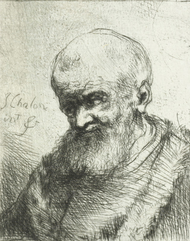 Old man, print, The portrait is of an old man with a beard and a fur coat. Bust facing left., printmaker: Jan Chalon, Northern Netherlands (possibly), 1748 - 1795, paper, etching, drypoint, etching and drypoint, height 110 mm x width 72 mm, morphology of human expression (old male (human being)), A detailed monochrome etching of an elderly bearded man shown from the shoulders up with his head tilted downward and eyes cast toward the lower left. The man has a bald crown with fine etched lines suggesting wrinkles and sparse hair, deep-set shaded eyes, pronounced brow lines, a prominent nose, and a long, textured beard made of dense cross-hatching. The clothing around his shoulders is indicated by layered, directional hatch marks, and the background is filled with light scratched and crossed lines. The overall image is composed of delicate and heavy pen-like strokes creating contrast between the figure and the roughly textured backdrop.