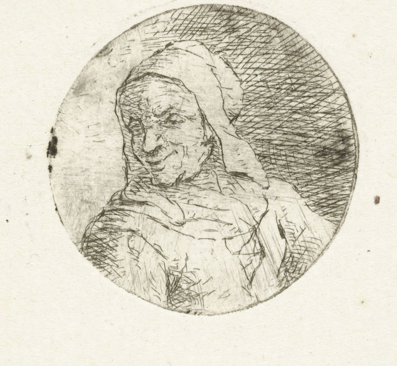 Bust of an unknown woman, print, In a round frame, the bust of an unknown adult woman. Bust facing left., printmaker: Christina Chalon, Leiden, 1758 - 1808, paper, etching, proof, height 31 mm x width 31 mm, historical persons (portraits and scenes from life) (profile portrait), morphology of human expression (adult female (human being)), A circular etching of a hooded figure appears centered on a textured off-white paper background, rendered in fine, dark sketch lines and crosshatching; the figure's face is visible with detailed lines suggesting facial features and a slight smile, framed by a hood that drapes around the head and shoulders, while dense diagonal hatching fills the background behind the figure and lighter, more sporadic marks occupy the left side of the circle.