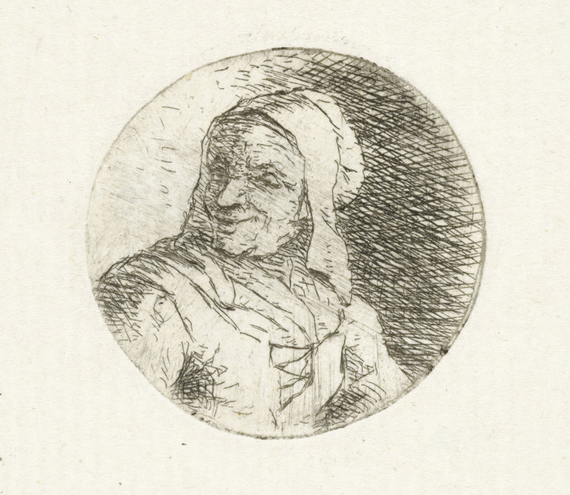 Bust of an unknown woman, print, In a round frame, the bust of an unknown adult woman. Bust facing left., printmaker: Christina Chalon, Leiden, 1758 - 1808, paper, etching, proof, height 31 mm x width 31 mm, historical persons (portraits and scenes from life) (profile portrait), morphology of human expression (adult female (human being)), A circular etching of an older person wearing a hooded garment fills the upper center of the paper, rendered in fine dark lines and crosshatching against a light textured background; the face shows detailed line work indicating a furrowed brow, closed or downward eyes, a prominent nose, and a downturn to the mouth, while the hood frames the head and the garment drapes over the shoulders with visible folds and stitched or laced details, and dense crosshatched shading occupies the right side of the circular field contrasting with lighter, more sparsely scratched areas on the left.