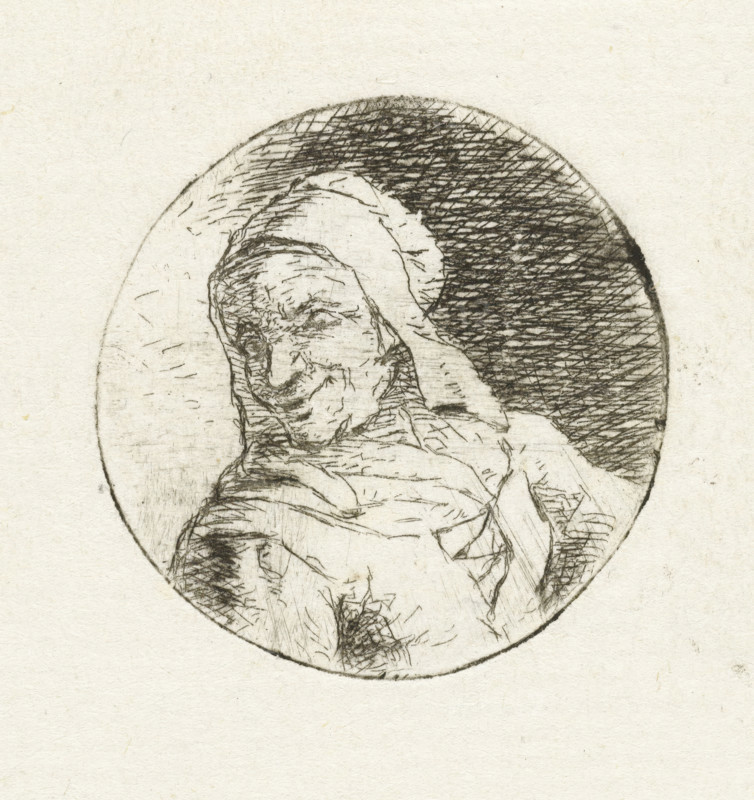 Bust of an unknown woman, print, In a round frame, the bust of an unknown adult woman. Bust facing left., printmaker: Christina Chalon, Leiden, 1758 - 1808, paper, etching, proof, height 31 mm x width 31 mm, historical persons (portraits and scenes from life) (profile portrait), morphology of human expression (adult female (human being)), A circular sketch rendered in fine dark lines on textured off-white paper shows a hooded figure with a detailed, wrinkled face turned slightly, surrounded by crosshatched shading filling the circle's upper background and lighter line work defining folds of cloth and facial features.