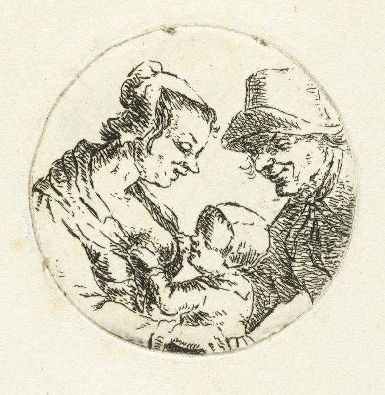 Farmer and farmer's wife with child (version 2), print, Portrait in a round frame of an unknown farming family. A woman is breastfeeding her child while her husband looks on affectionately., printmaker: Christina Chalon, Leiden, after design by Christina Chalon, 1758 - 1808, Christina Chalon, printmaker, after design by, paper, etching, height 35 mm x width 35 mm, farmers, nursing, suckling, family group, especially parents with their child(ren) (with NUMBER of children), A circular ink drawing on aged paper shows two adults and an infant. The adult on the left is a woman with hair pulled back, a rounded forehead, and a slightly bowed head looking toward the baby, with textured lines indicating clothing around her shoulders. The adult on the right wears a brimmed hat and has angular facial features, also leaning toward the infant, with crosshatched shading on the hat and clothing. The infant is nestled between them, facing upward with a rounded head and small facial features. The circu...