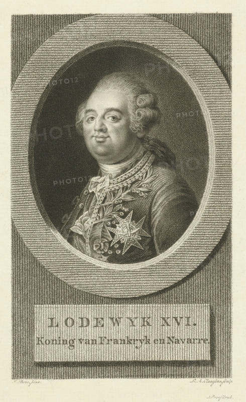 Portrait of Louis XVI, print, printmaker: Lambertus Antonius Claessens, Amsterdam, after painting by Joseph Boze, c. 1792 - c. 1808, paper, etching, engraving, stippelets, stippelets and engraving, proof print, height 233 mm x width 155 mm, Person, Louis XVI (King of France), A monochrome engraved portrait of a man shown from the chest up inside an oval frame, with a patterned rectangular border outside the oval; the man has a full, rounded face, styled hair with curls at the sides, and a composed expression, wearing an ornate military-style coat decorated with embroidered foliage and a large star-shaped medal, and a lace cravat at his neck; the background within the oval is dark and textured while the surrounding border has fine horizontal and vertical lines.