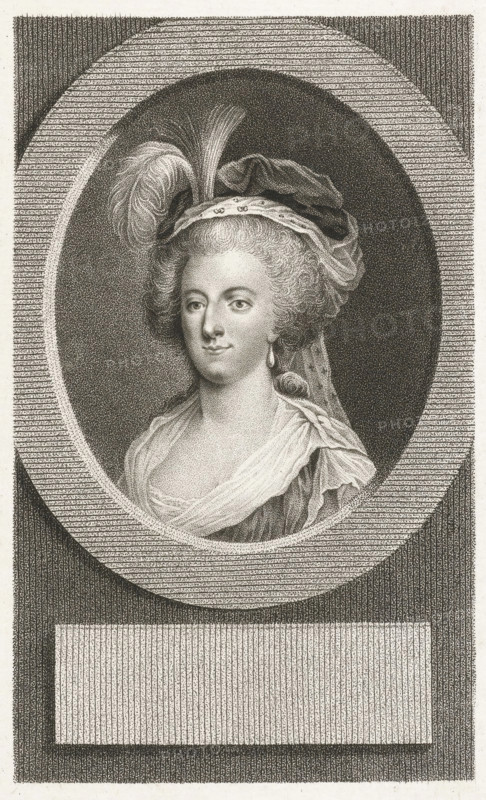 Portrait of Marie Antoinette, Queen of France, print, printmaker: Lambertus Antonius Claessens, Amsterdam, after painting by Bernardino Curti, c. 1792 - c. 1808, paper, etching, engraving, stippelets, stippelets en gravure, height 236 mm x width 158 mm, Person, Marie Antoinette, A detailed monochrome oval portrait of a woman set within a rectangular frame, showing her from the shoulders up. She has an arranged hairstyle with soft curls and wears a headpiece that includes folded fabric and a plume of feathers. Her face is rendered with delicate shading and a calm expression; she wears a single drop earring and a loosely draped garment with visible folds and a translucent scarf over her shoulders. The oval is surrounded by patterned shading and horizontal lines, and below the portrait there is a blank rectangular panel framed by dense vertical and horizontal linework. The entire image is created with fine stippling and hatching textures.