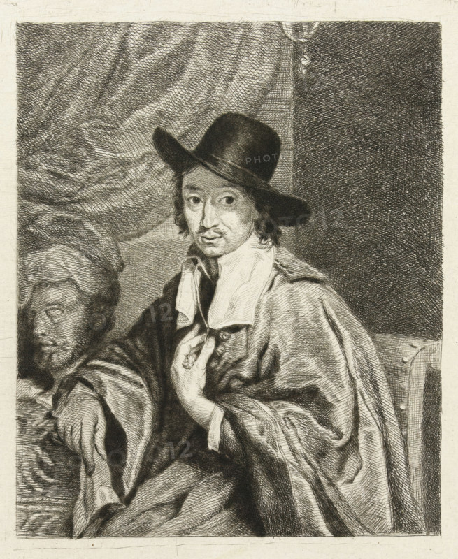Portrait of the painter Adriaen van Ostade, print, printmaker: Louis Bernard Coclers, unknown, after painting by Adriaen van Ostade, 1756 - 1817, paper, drypoint, height 193 mm x width 172 mm, Person, portrait, self-portrait of artist (artist in non-work situation), A detailed black and white etching shows a seated man wearing a dark broad-brimmed hat and a loose cloak with a wide collar; his face has a thin mustache and expressive eyes and his hand is raised to his chest holding a small object. Drapery fills the background with dense crosshatching on one side and softer folds on the other, and a second partially visible figure with a beard and head covering appears at the left edge. The clothing and folds are rendered with fine lines and shading, and a simple wooden chair back is visible at the right edge.