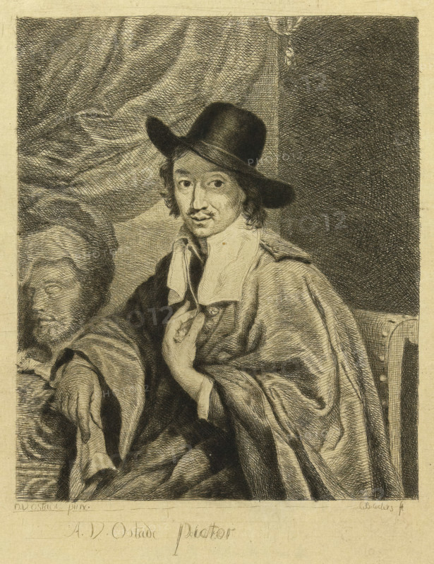 Portrait of the painter Adriaen van Ostade, print, printmaker: Louis Bernard Coclers, unknown, after painting by Adriaen van Ostade, 1756 - 1817, paper, prepared paper, drypoint, drypoint on yellow prepared paper, height 193 mm x width 172 mm, Person, portrait, self-portrait of artist (artist in non-work situation), A sepia-toned engraving shows a seated man wearing a wide-brimmed hat and a loose cloak, his face turned toward the viewer with a faint mustache and hair curling at the sides; one hand rests near his chest holding a fold of fabric while the other arm drapes over an armrest, and detailed crosshatching renders deep folds in the cloak and a textured background with draped cloth and a darker shaded panel to one side.