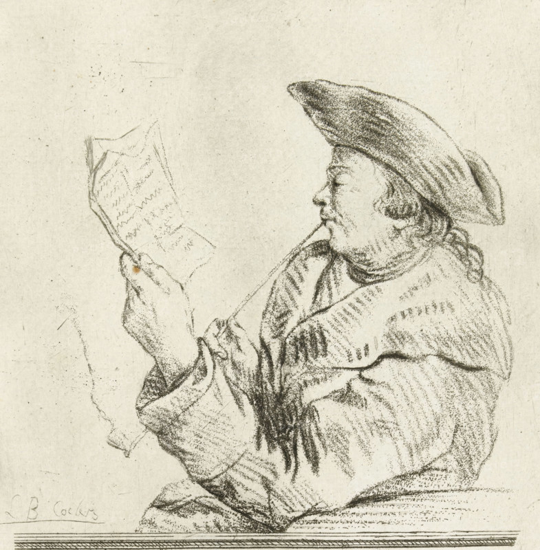 Portrait of the artist Johannes Janson, print, Johannes Janson, with hat and long-stemmed pipe, reading a letter., printmaker: Louis Bernard Coclers, Leiden, c. 1769 - c. 1787, paper, etching, crayon manner, print drawing, etching in crayon manner, height 160 mm x width 128 mm, Person, portrait, self-portrait of artist (artist in non-work situation), A charcoal or pencil sketch of a seated figure in profile facing left, wearing a large soft hat and loose draped clothing with visible folds and shading; the figure holds an open sheet of paper in one hand and appears to have a contemplative expression, with detailed facial features and textured hair, while the background is plain with light smudges and the lower edge shows a simple horizontal base or ledge.