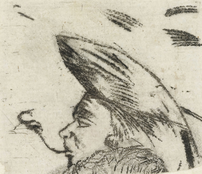 Portrait of the artist Johannes Janson, print, Fragment of a portrait of the artist Johannes Janson, with hat and pipe., printmaker: Louis Bernard Coclers, Leiden, c. 1769 - c. 1787, paper, etching, crayon manner, print drawing, etching in crayon manner, height 50 mm x width 57 mm, Person, Johannes Janson, portrait, self-portrait of artist (artist in non-work situation), A close-up of a textured pale surface with dark charcoal-like strokes forming curved, tapering shapes that suggest fur or feather patterns, including a prominent dense dark triangular mark with parallel striations and several smaller textured smudges scattered above and to the side, all on a mottled off-white background with faint scratches and tiny specks.
