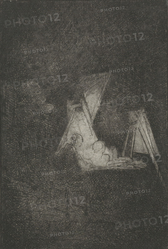 Artist in his studio, print, printmaker: Jacobus Ludovicus Cornet, Leiden, 1825 - 1882, paper, etching, proof print, width 69 mm x height 95 mm, artist at work, in his workshop, A dark, heavily textured image showing a faintly illuminated scene in the lower half where three tent-like triangular shapes stand, one brighter and central, another to the right with a supporting frame, and a third behind; soft, rounded, lighter forms lie at the base of the central triangle, and the surrounding area is filled with dense, cross-hatched shading creating a grainy, nightlike atmosphere.