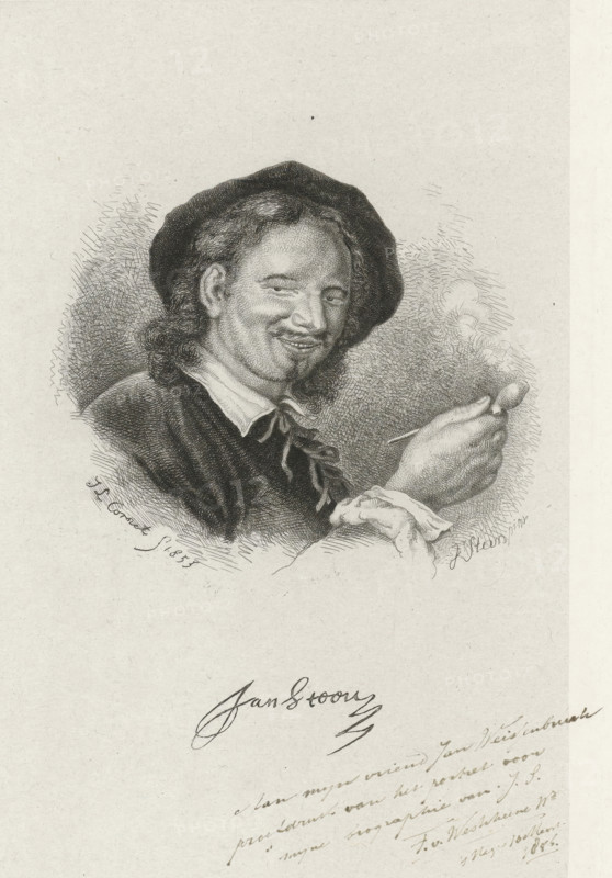 Portrait of Jan Steen, print, Portrait of the painter Jan Steen. Steen is wearing a hat and holding a pipe. Bust facing right., caption: 'To my friend Jan Weisenbrink. Proof print of the portrait for my biography of JSFVWestrheene. March 1855', printmaker: Jacobus Ludovicus Cornet, Leiden, after painting by Jan Havicksz. Steen, dedicated to: Jan Weisenbrink, dedicated by: Tobias van Westrheene, The Hague, 1854, Jan Havicksz. Stone, paper, etching, proof, width 137 mm x height 205 mm, Person, A detailed black and white engraved portrait of a smiling man shown from the shoulders up wearing a dark wide-brimmed hat and a collared shirt with a ribbon at the neck, his hair falling in loose curls around his ears and down his neck, one hand raised holding a pipe with smoke curling upward, textured shading and fine crosshatching defining his facial features, clothing, and the surrounding background.