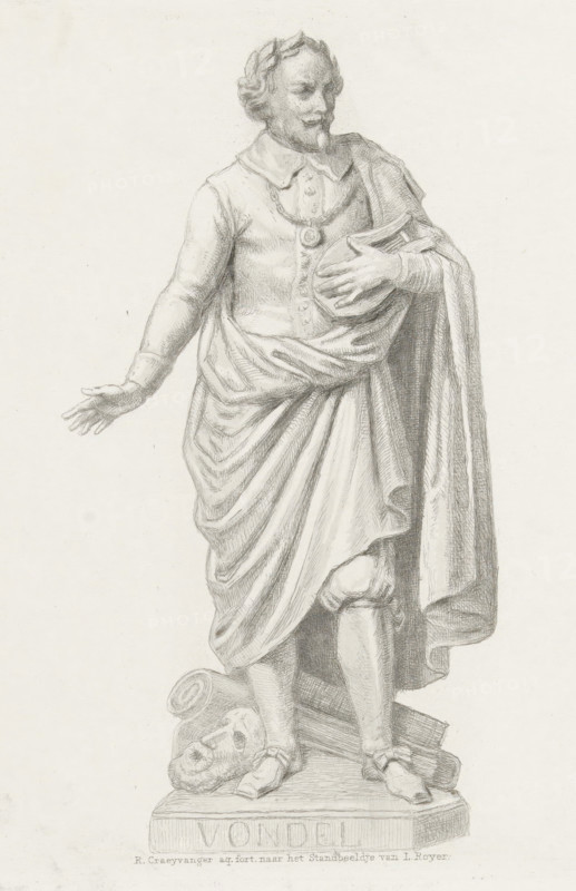 Statue of Joost van den Vondel, print, Statue of the poet and playwright Joost van den Vondel. He stands with his head turned to the right, his right hand outstretched. In his left arm, a lyre. Vondel is crowned with a laurel wreath. On the ground next to him, a theatrical mask, two books, and a scroll., caption: 'from a poetry collection by WI Hofwijk', printmaker: Reinier Craeyvanger, Amsterdam, after sculpture by Louis Royer, 1822 - 1880, Louis Royer, after sculpture by, paper, etching, width 117 mm x height 157 mm, Person, Joost van den Vondel, monument, statue, A detailed pencil drawing of a standing male figure on a rectangular plinth, shown from head to feet. The figure wears a knee-length tunic with a high collar and a chain with a round medallion at the chest, and a draped cloak over one shoulder that falls in folds. One arm is extended outward with an open hand, while the other hand rests against the torso holding the cloak. The face has a mustache and small beard, wavy hair,...
